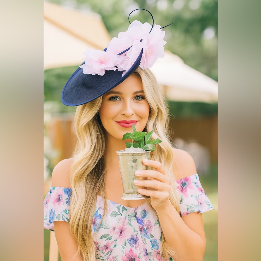 New Kentucky Derby Hat Fascinator Navy Pink Floral Accents Tea Garden Party